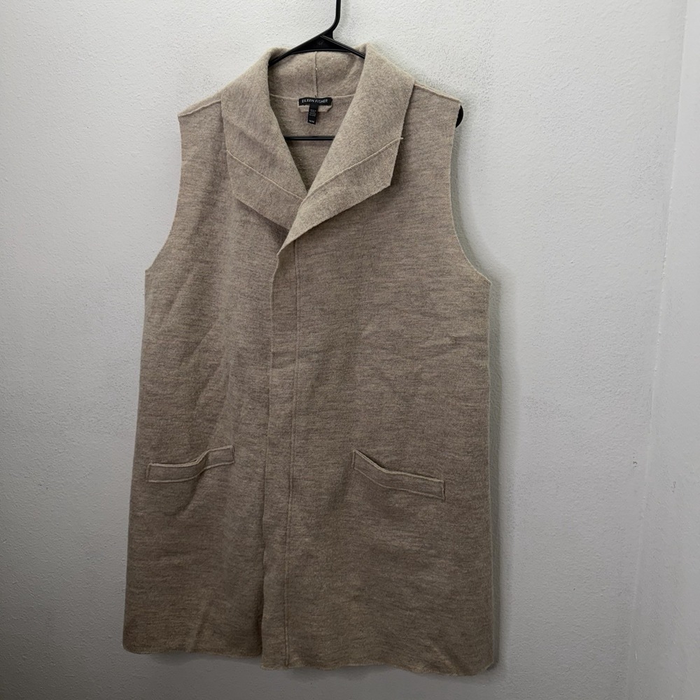 Eileen Fisher Beige Boiled Wool Collared Vest Longline Duster Sweater SZ M